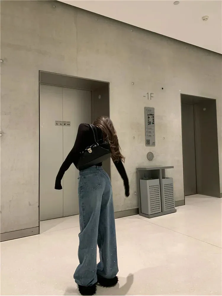 Women Streetwear Vintage Fashion Rhinestone Y2K Casual High Waist Female Straight Leg Denim Jeans