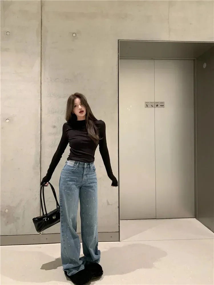 Women Streetwear Vintage Fashion Rhinestone Y2K Casual High Waist Female Straight Leg Denim Jeans