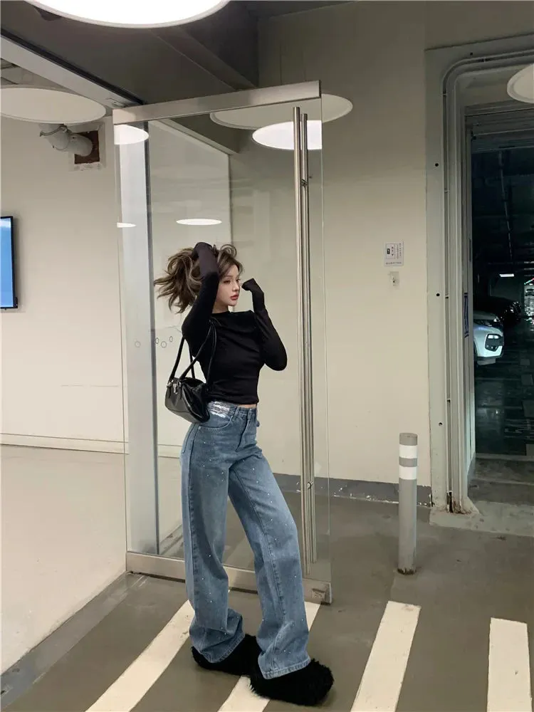 Women Streetwear Vintage Fashion Rhinestone Y2K Casual High Waist Female Straight Leg Denim Jeans