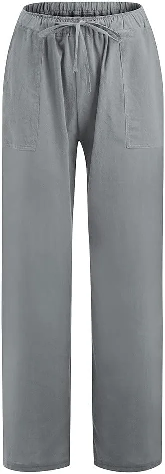 Women Wide Leg Pants Cotton Linen Elastic Waisted Lightweight Casual Pant Summer Casual Yoga Palazzo Trousers