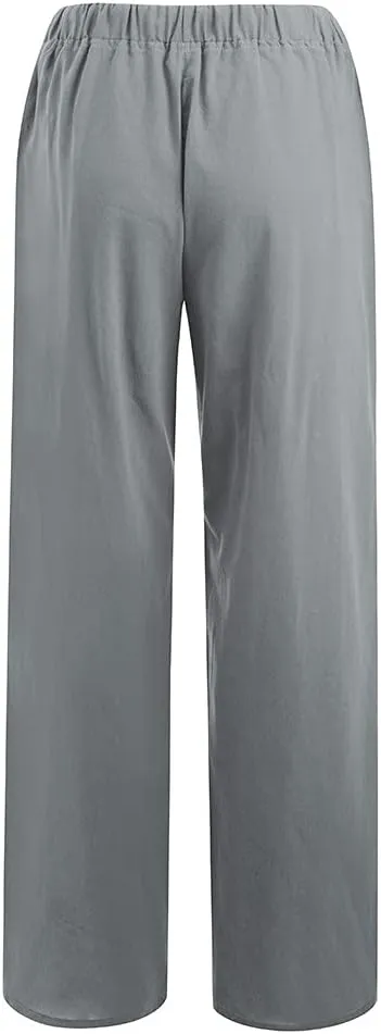 Women Wide Leg Pants Cotton Linen Elastic Waisted Lightweight Casual Pant Summer Casual Yoga Palazzo Trousers