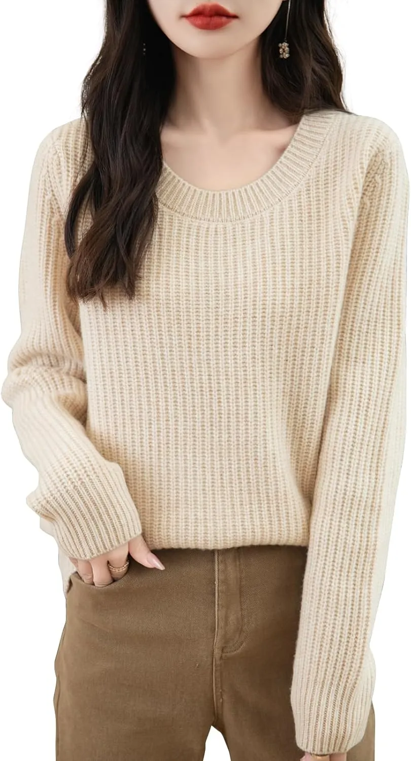 Women's 100% Merino Wool Sweater 2025 Fall Winter Casual Crewneck Long Sleeve Ribbed Knitted Pullover Sweater