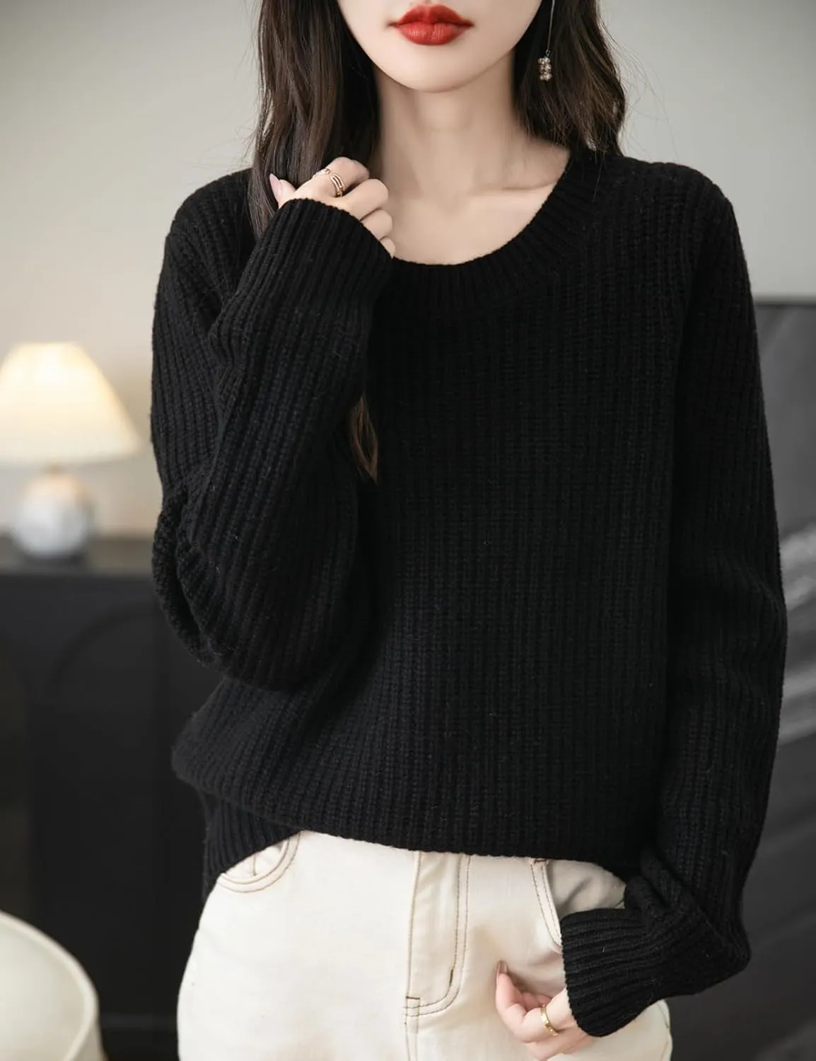 Women's 100% Merino Wool Sweater 2025 Fall Winter Casual Crewneck Long Sleeve Ribbed Knitted Pullover Sweater