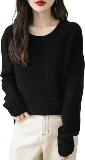 Women's 100% Merino Wool Sweater 2025 Fall Winter Casual Crewneck Long Sleeve Ribbed Knitted Pullover Sweater