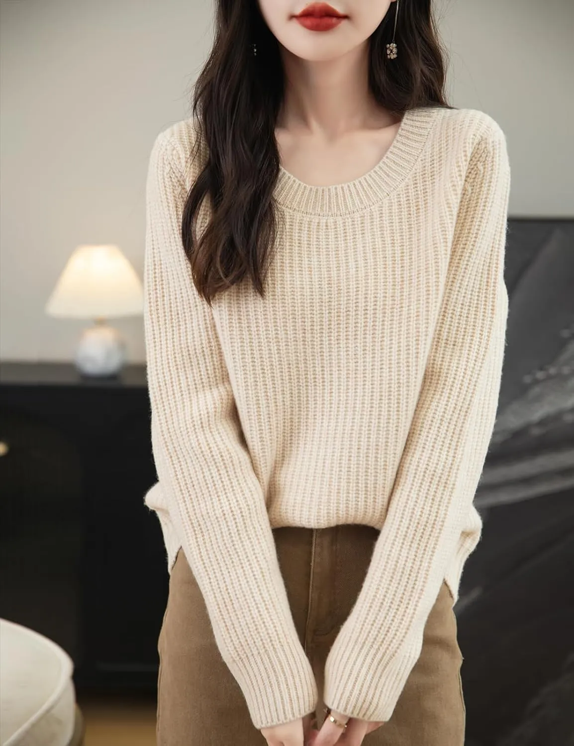 Women's 100% Merino Wool Sweater 2025 Fall Winter Casual Crewneck Long Sleeve Ribbed Knitted Pullover Sweater