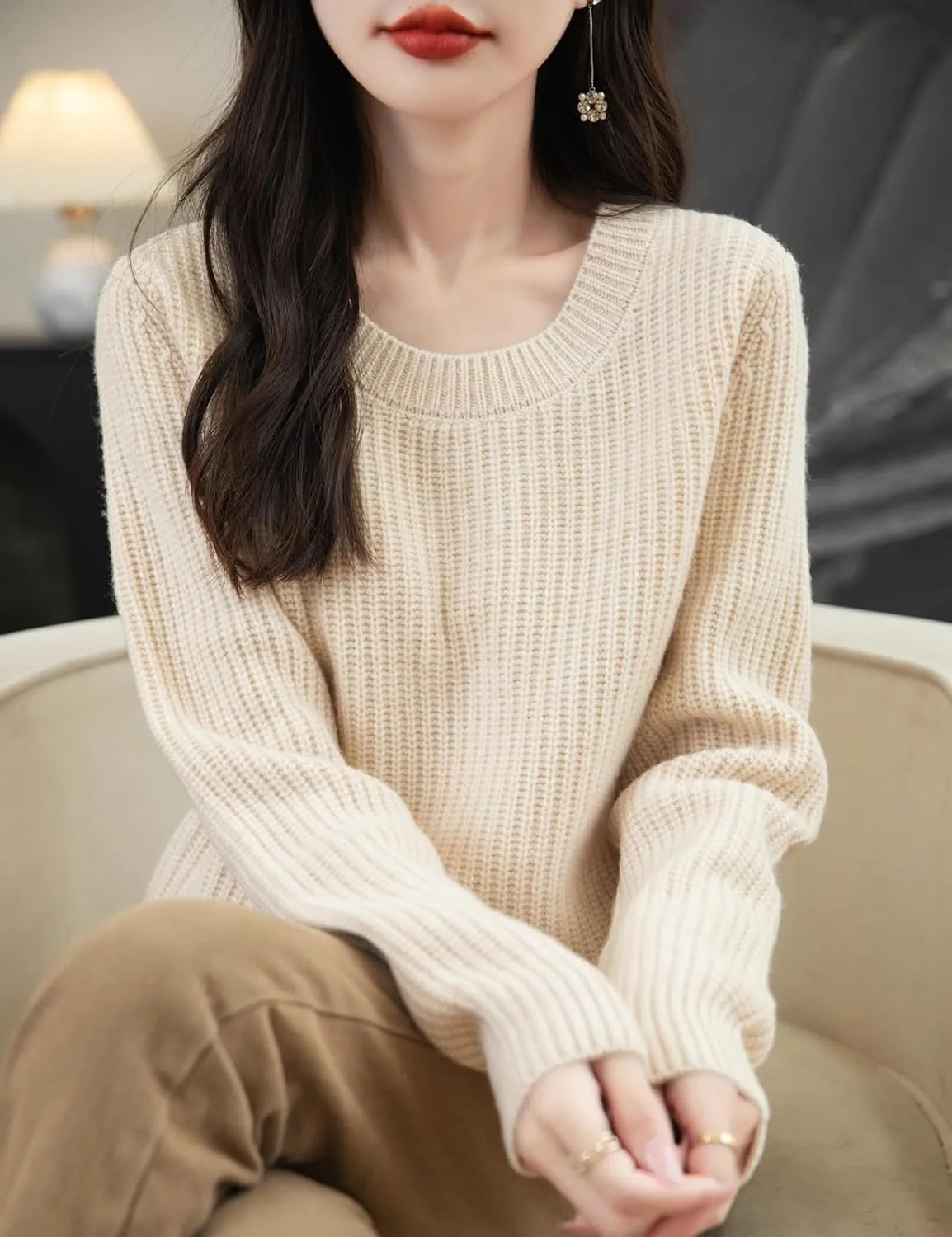 Women's 100% Merino Wool Sweater 2025 Fall Winter Casual Crewneck Long Sleeve Ribbed Knitted Pullover Sweater