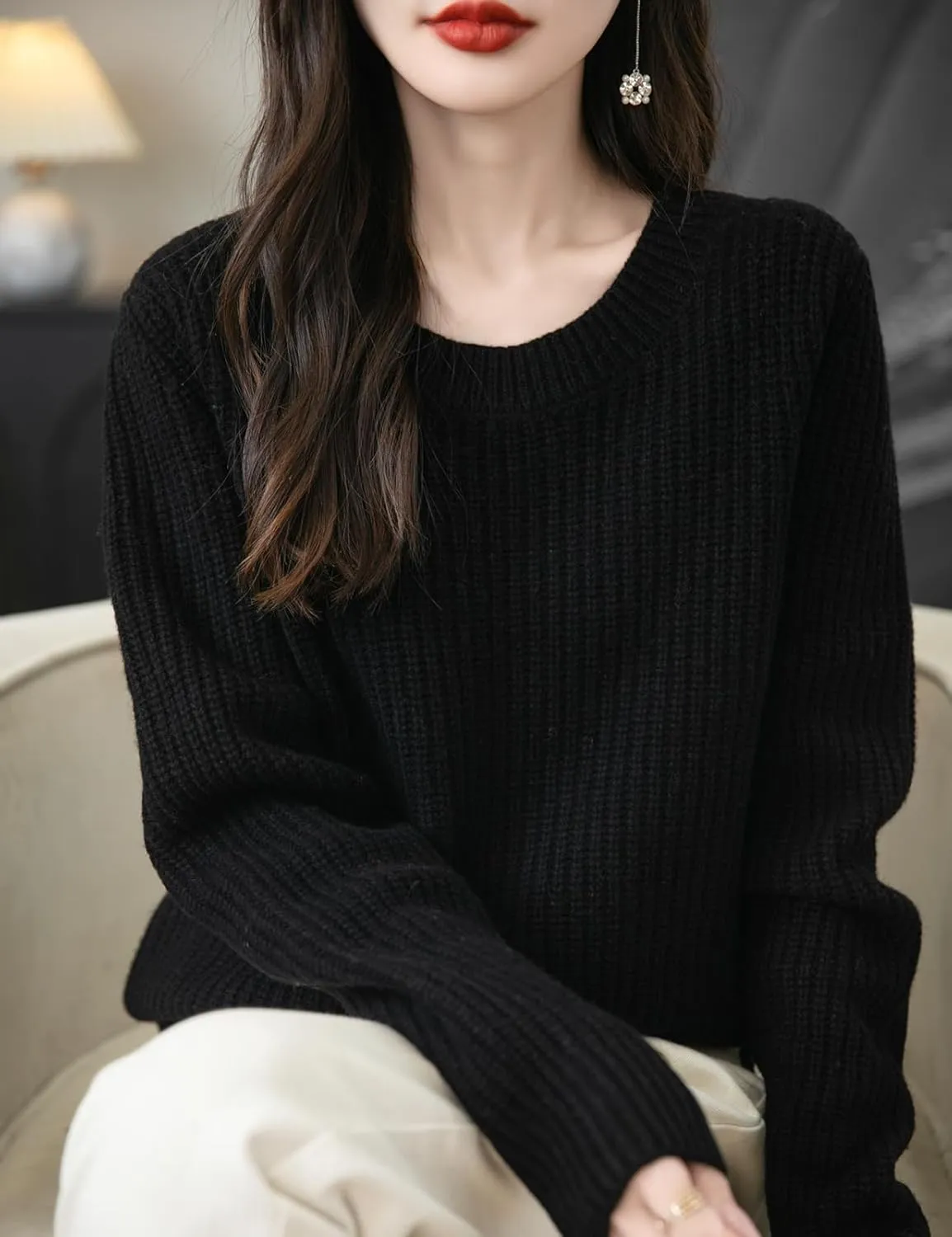 Women's 100% Merino Wool Sweater 2025 Fall Winter Casual Crewneck Long Sleeve Ribbed Knitted Pullover Sweater