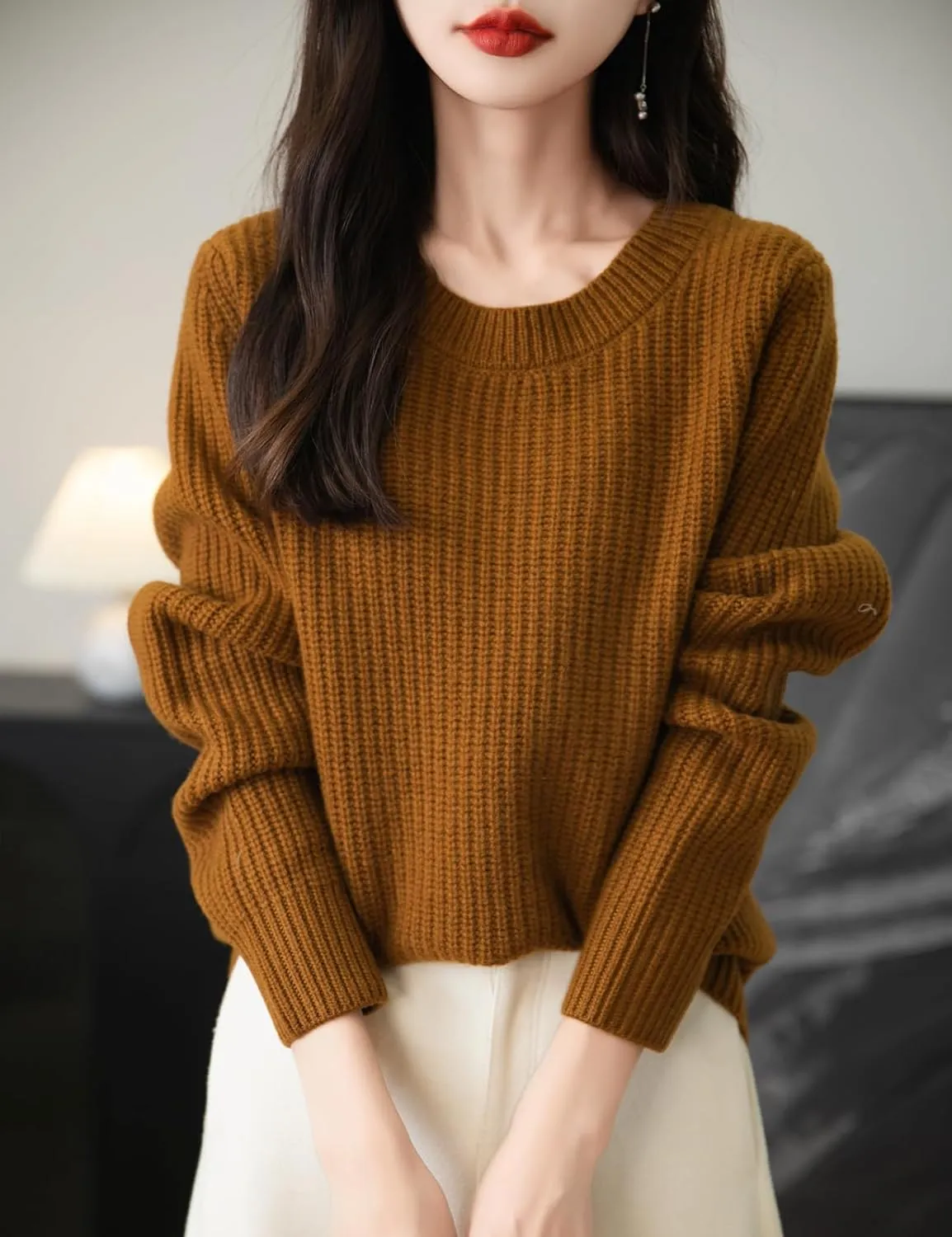 Women's 100% Merino Wool Sweater 2025 Fall Winter Casual Crewneck Long Sleeve Ribbed Knitted Pullover Sweater