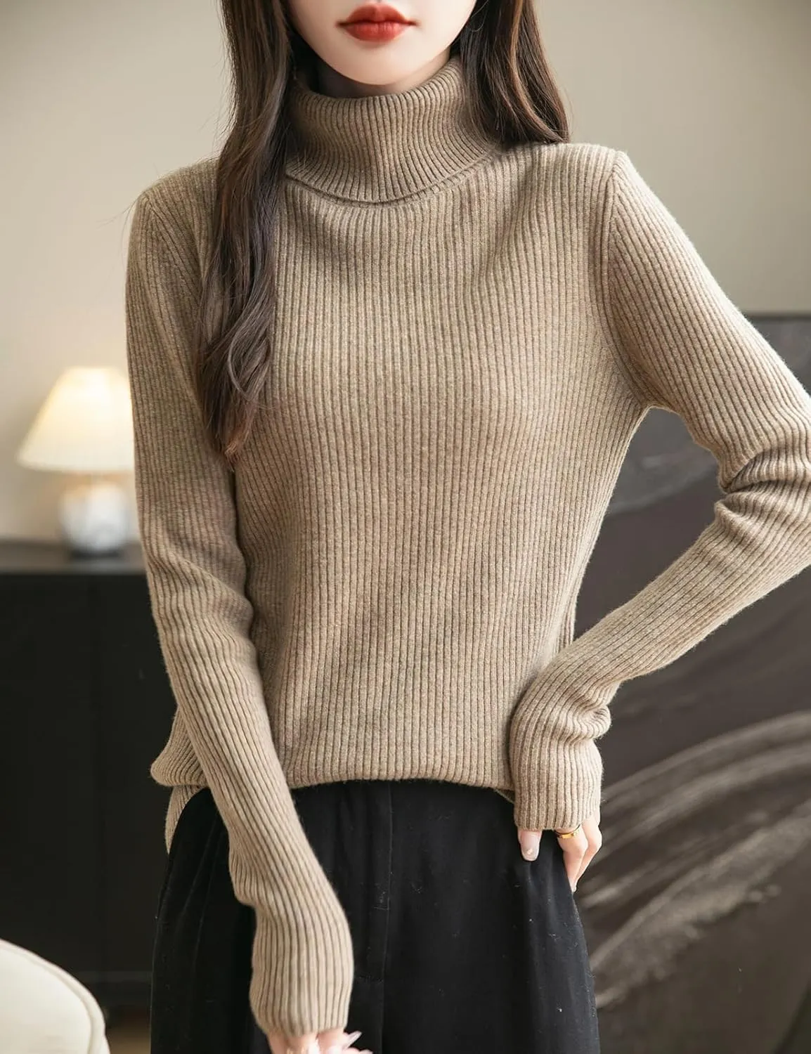 Women's 100% Merino Wool Turtleneck Sweater 2025 Fall Winter Long Sleeve Warm Soft Ribbed Knit Pullover Sweater