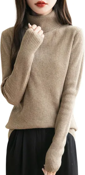 Women's 100% Merino Wool Turtleneck Sweater 2025 Fall Winter Long Sleeve Warm Soft Ribbed Knit Pullover Sweater