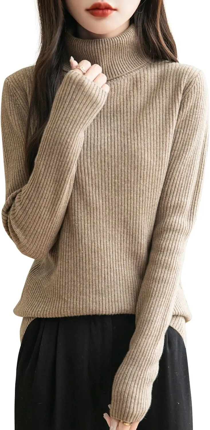 Women's 100% Merino Wool Turtleneck Sweater 2025 Fall Winter Long Sleeve Warm Soft Ribbed Knit Pullover Sweater