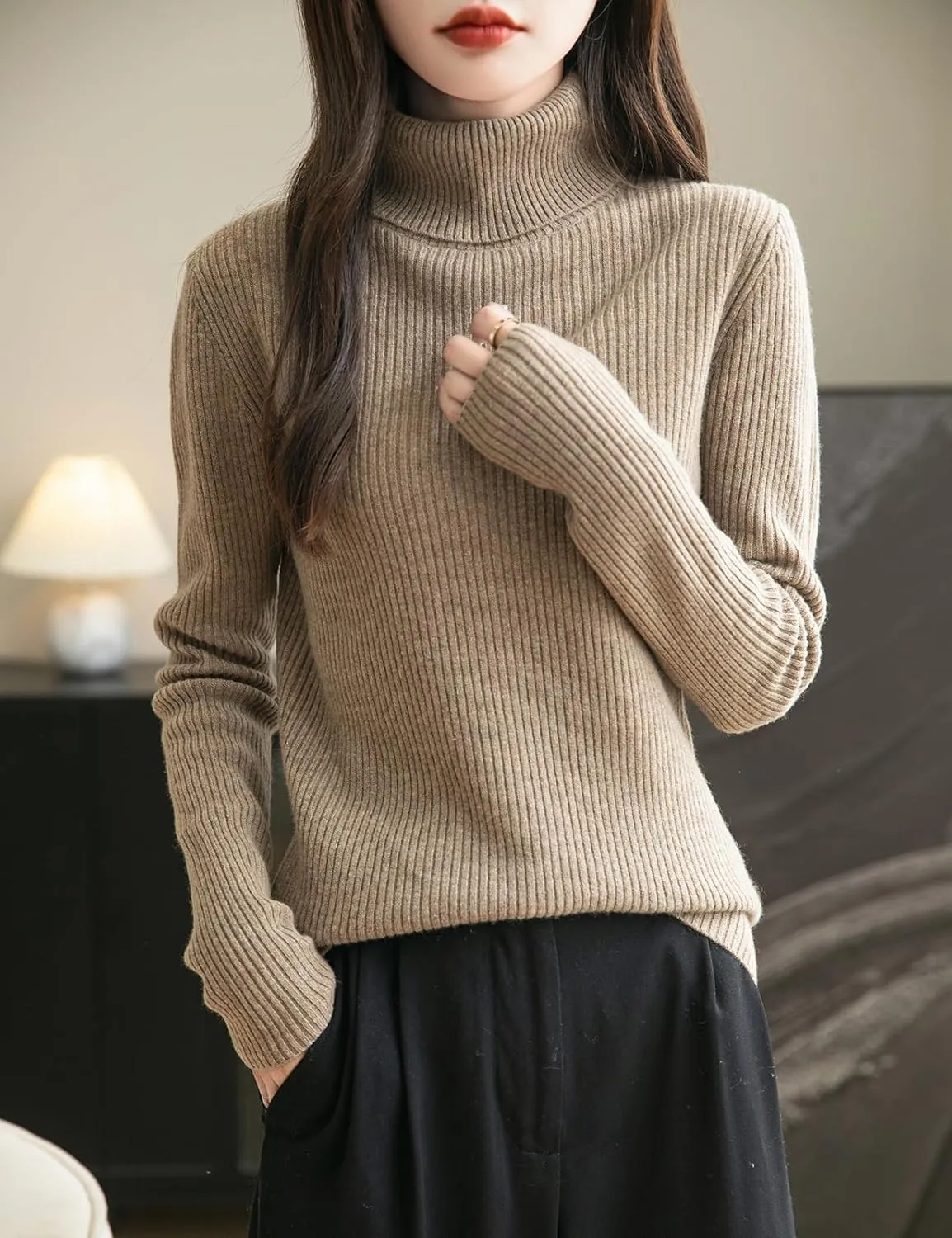 Women's 100% Merino Wool Turtleneck Sweater 2025 Fall Winter Long Sleeve Warm Soft Ribbed Knit Pullover Sweater
