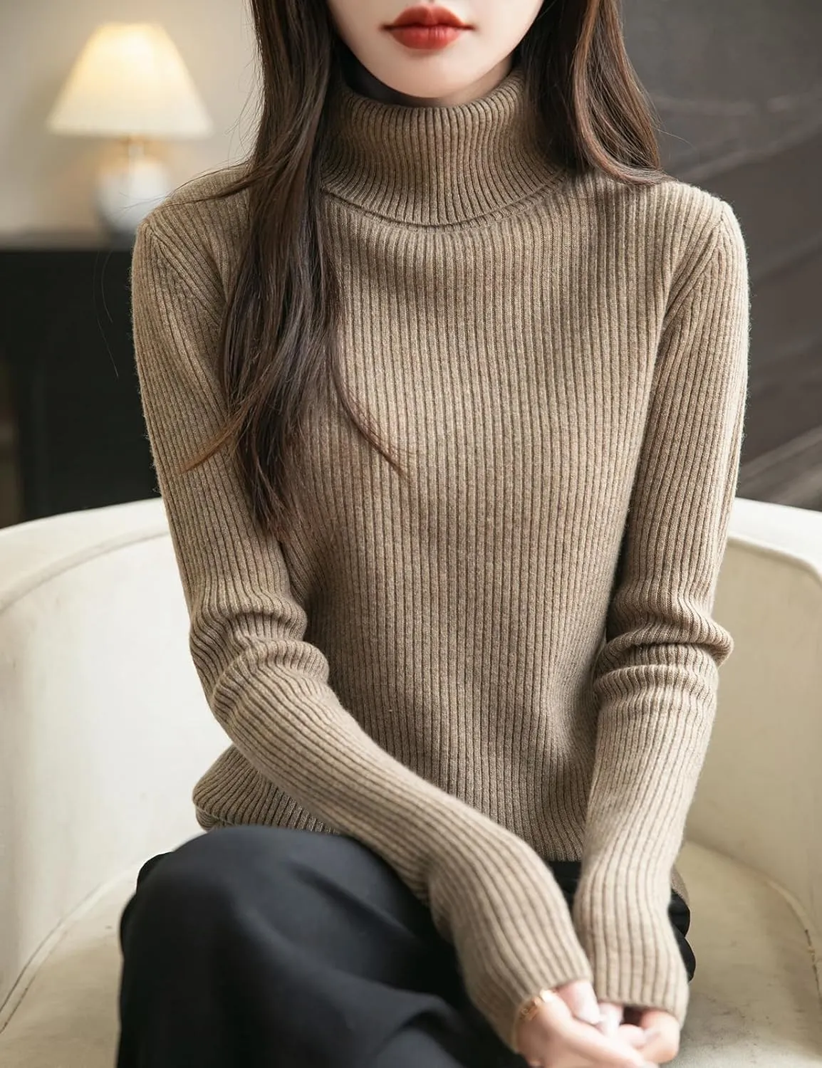 Women's 100% Merino Wool Turtleneck Sweater 2025 Fall Winter Long Sleeve Warm Soft Ribbed Knit Pullover Sweater