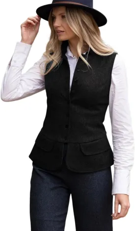 Women's Herringbone Tweed Vest Dressy Waistcoat Sleeveless Jacket