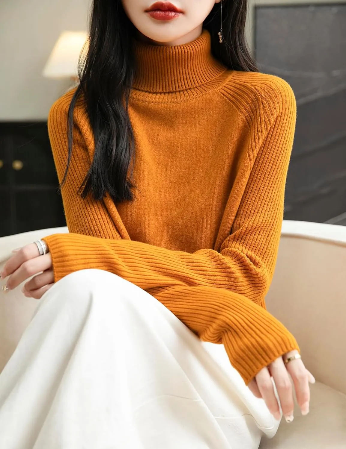 Women's Turtleneck 100% Merino Wool Sweater 2025 Fall Winter Classic Warm Soft Raglan Long Sleeve Knit Sweater
