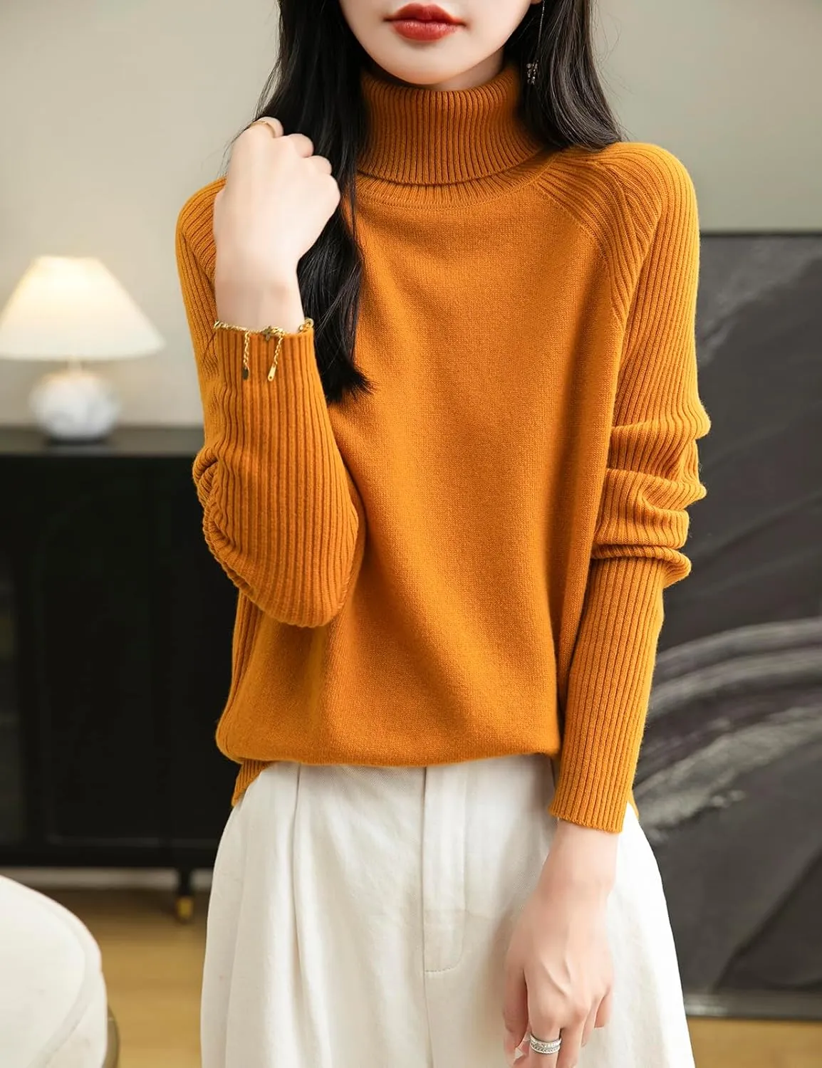 Women's Turtleneck 100% Merino Wool Sweater 2025 Fall Winter Classic Warm Soft Raglan Long Sleeve Knit Sweater