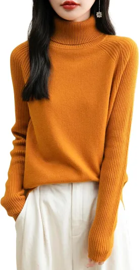 Women's Turtleneck 100% Merino Wool Sweater 2025 Fall Winter Classic Warm Soft Raglan Long Sleeve Knit Sweater