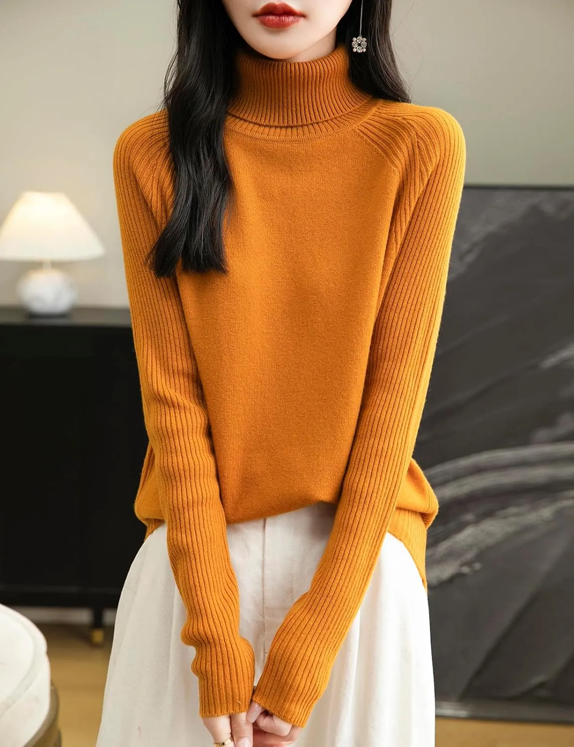 Women's Turtleneck 100% Merino Wool Sweater 2025 Fall Winter Classic Warm Soft Raglan Long Sleeve Knit Sweater