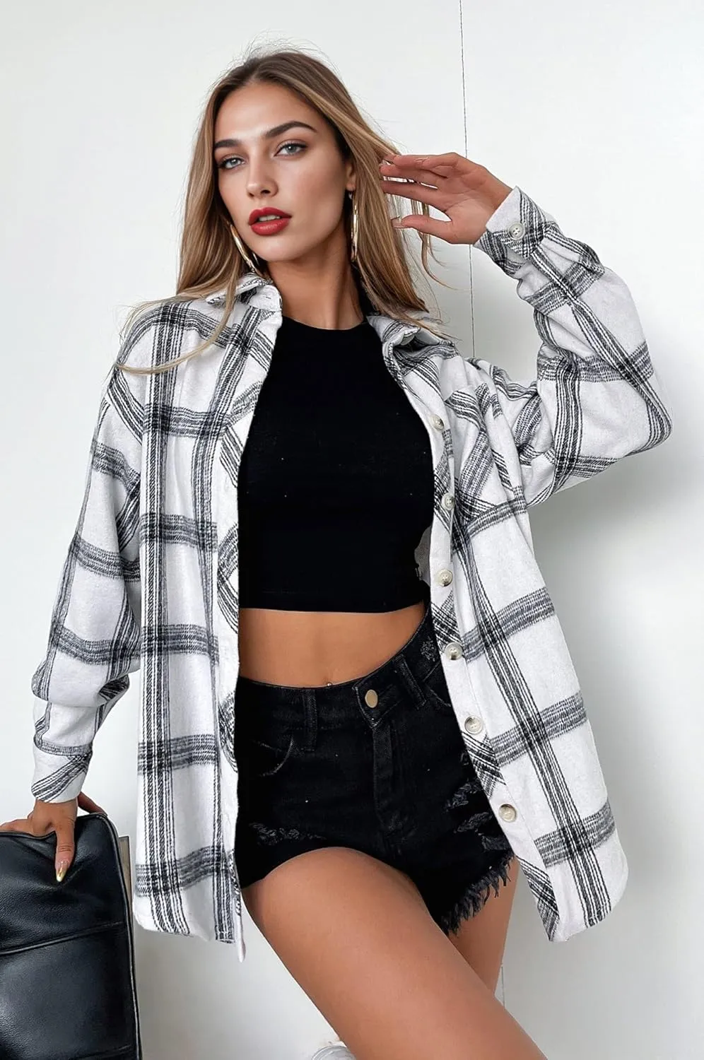Zeagoo Women Flannel Shacket Jacket Plaid Button Down Long Sleeve Shirt Fall Outfits 2024